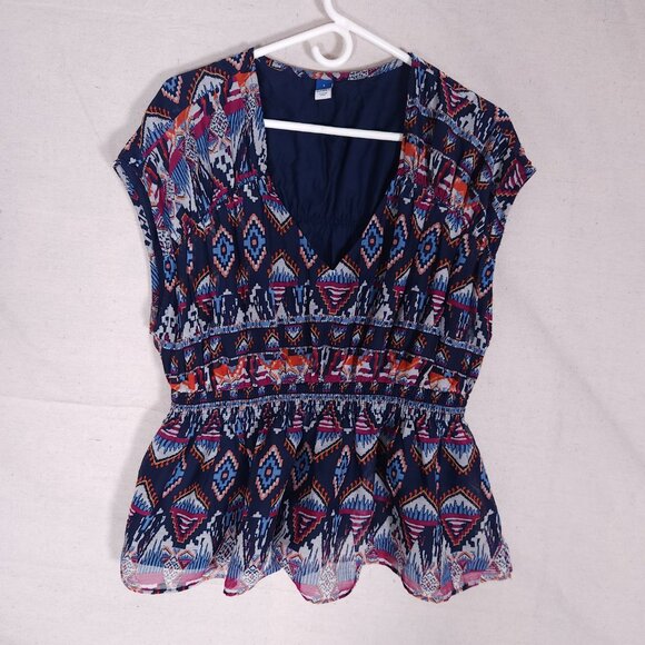 Old Navy Womens Lined Ruched Waist Ikat Peplum Top Size L Boho Festival Pullover - Picture 1 of 12
